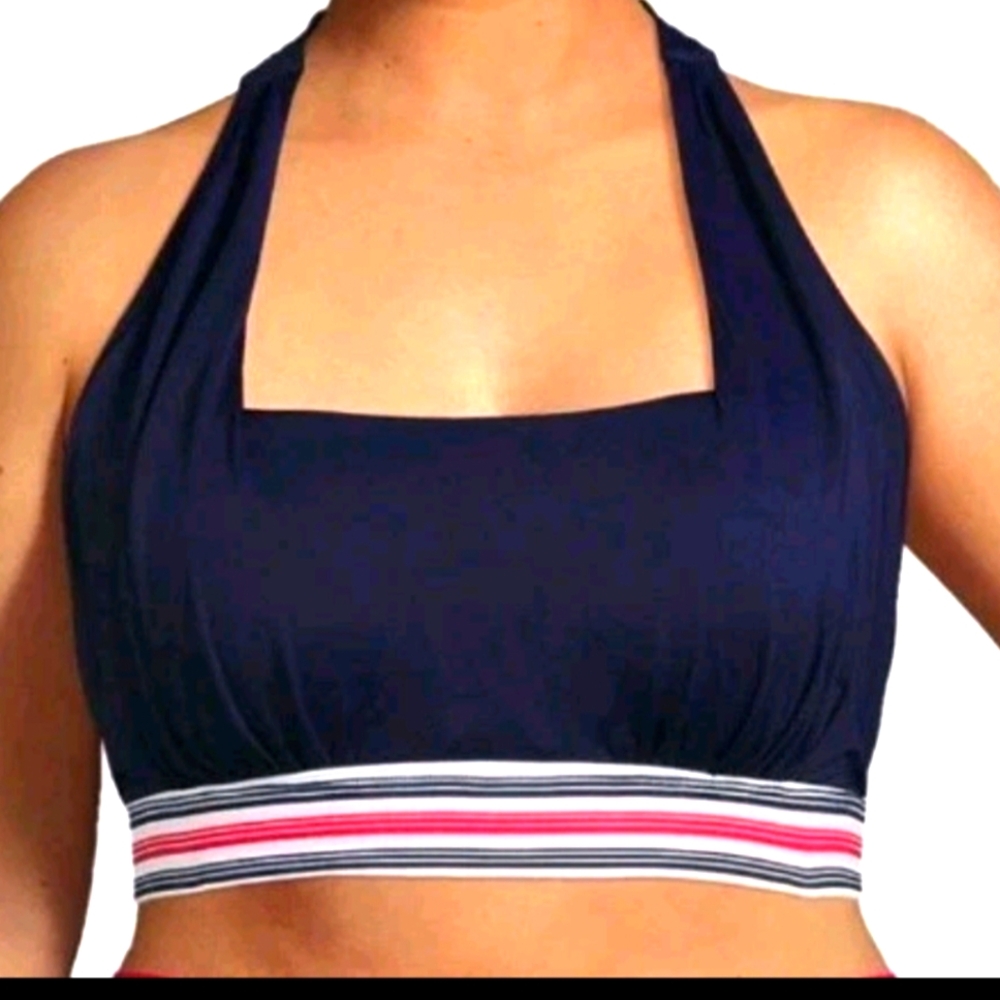 Lands End Plus Size Nautical Halter Tie Plus Size 2X NWT UPF 50+ Bikini Top Tank